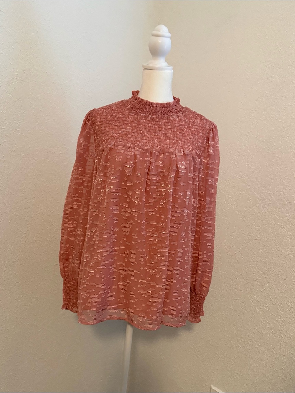 Smocked High-Neck Long Sleeve Blouse - Dusty Rose